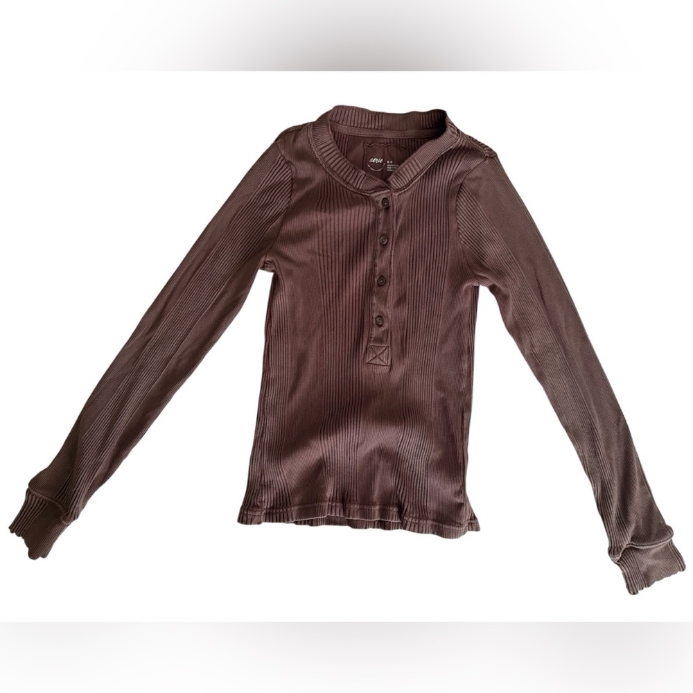 🤎aerie Ribbed Henley Long Sleeve Top - Chocolate Brown - Size Medium